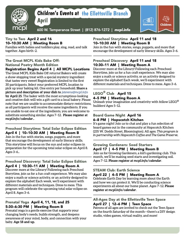 Ellettsville Branch Children&apos;s Program Calendar