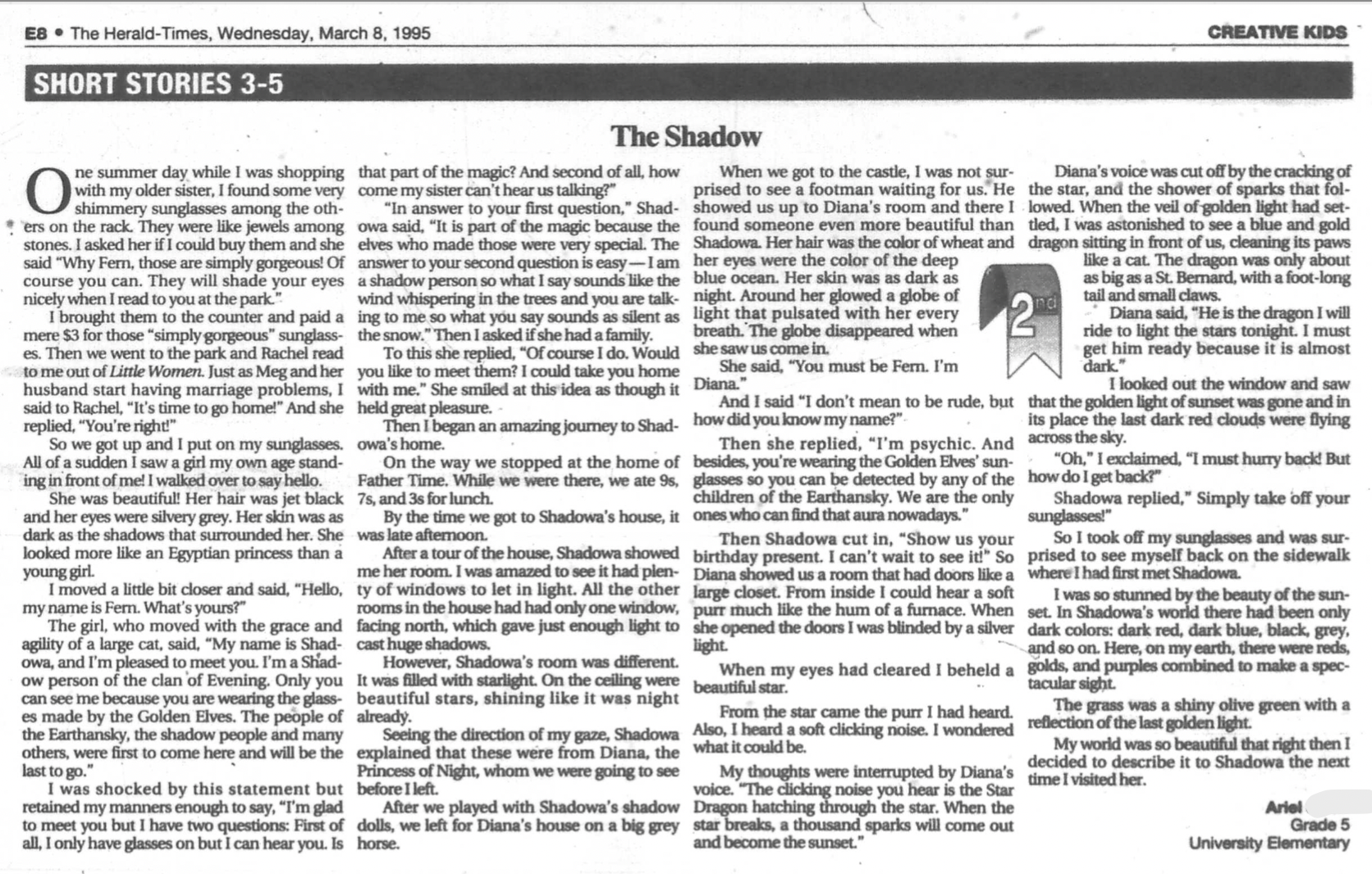 Black and white scan from The Herald Times Creative Kids, March 8, 1995 of The Shadow
