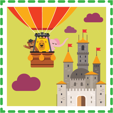 a castle and hot air balloon